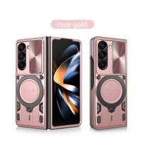 Tvirtas apsauginis dėklas, skirtas Samsung Galaxy Z Fold 6 5 4, su stoveliu, laikikliu, kameros apsauga, atsparus smūgiams, Funda Coque Capa For Samsung Z Fold 6 rožinio aukso spalvos