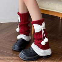 Pom-pom Knitted Leg Warmers Autumn Winter Thickened Warm New Year Bowknot Leg Warmers Color-blocking Christmas Style Japanese JK Slouchy Socks one size raudona