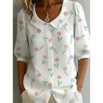 Womens Floral Print Peter Pan Collar Puff Short Sleeve Button Down Blouse S balta