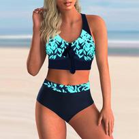 Moteriškas maudymosi kostiumėlis su petnešėlėmis Blue Cherry Blossoms Print Bikini Tankini maudymosi kostiumėlis S mėlyna