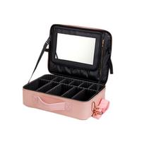Travel Vanity Bag with Mirror Makeup Body Paint Storage Organizer Shoulder Bags Partition Waterproof PU Leather Case black