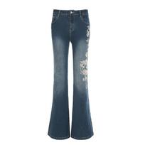 Women Retro Y2k Jeans Baggy Floral Embroidery Jeans Vintage Low Rise Flared Denim Pants High Street Basic Trousers S mėlyna