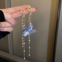 Personality Fashion Blue Butterfly Crystal Long Tassel Drop Dangle Earrings for Women Luxury Korea Earring Party Zircon Gift