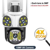 Nauja nauja EU 8K 15MP lauko WiFi kamera, judesio sekimo trijų objektyvų ekranai, 4x priartinimas PTZ vaizdo kameros saugumo apsauga CCTV stebėjimo kamera 15MP Camera No Card