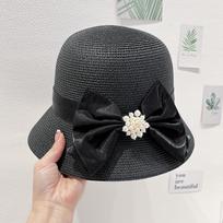 Moteriška šiaudinė skrybėlė Moteriška vasarinė elegantiška retro cilindrinė skrybėlė nuo saulės Madinga kaspinėlis Kibirėlio tipo skrybėlė adjustable juoda