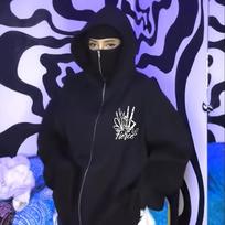 Men's and Women's Casual Shark Print Hooded Sweatshirt with Mask, Double Collar, and Double Hat S