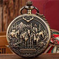Antique COWBOY Pattern Design Quartz Pocket Watch Necklace - Unique Vintage Gift Clock for Man Male bronza