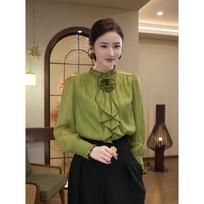 New Unique Fungus Edged Fashion Shirt Design Spring Green Long-sleeved Top S žalia