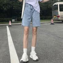 Denim Five-minute Shorts Female Summer Hong Kong Flavor High-waisted Thin Broken Holes Straight Tube In The Pants Loose Wide-legged Denim Shorts S šviesiai mėlyna spalva