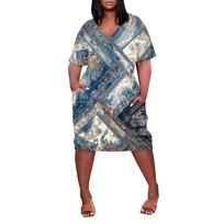 Summer Plus Size V Neck Short Sleeve Knee Pocket  Print Casual Dress For Women L mėlyna