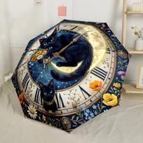 Magical Clock Cats Lauke Automatinis Skėtis Kompaktiškas 8 Šonkaulių Dizainas Tvirtas Konstrukcija Visasezonis Skėtis Kelionėms Madingas Aksesuaras