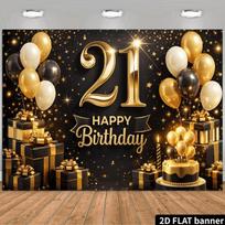2D Happy 21st Birthday Backdrop Black Gold Sparkle Photo Booth Background 47.2x31.5inch/120*80cm