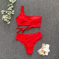 Moterų Mados Seksualus Dvieilių Bikini Maudymosi Kostiumas Su Paminkštinimu Vienos Peties Raišteliais Viršus Aukšto Juosmens Apatinis Maudymosi Kostiumas Rinkinys Vienspalvis Tankini Maudymosi Kostiumas S raudona