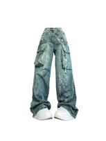 Women Blue Graffiti Cargo Jeans Baggy Vintage Korean Cowboy Pants Harajuku Denim Trouser 90s Aesthetic Y2k 2000s Trashy Clothes S mėlyna