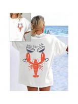 Lobster And Wine Glass Print Short-Sleeved T-Shirt Casual And Versatile Style Suitable For Summer Daily Wear And Going Out S juoda