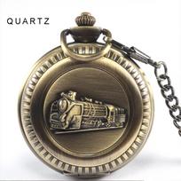 Train Carving Mechanical Pocket Watch Car Design Men Bronze Clock Hand Wind Roman Numerals Engraved Fob Watches with Gift Box