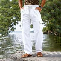 Vyriškos baltos kelnės su raišteliu ties juosmeniu ir kišenėmis S balta