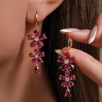 Luxurious Red Color Flower Shaped Women's Pendant Earrings Inlaid with Sparkling Cubic Zirconia Fashionable Banquet Zircon