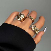 3Pcs/Set Fashion Metal Liquid Irregular Open Ring for Women Minimalist  Gold Color Wide Texture Adjustable Finger Rings Zircon