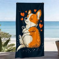 1pc, Cute Cartoon Corgi Extra-Large Soft Beach Towel, Heart Print Pattern, Microfiber Bath Towel, Quick-Drying, Super Absorbent W30*H60(CM)