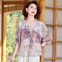 New Women's Splicing Socket V-neck Button Printing Fashionable Loose Versatile Casual Short-sleeved Top XL violetinė