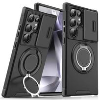 Šarvuotas magnetinis laikiklio dėklas Samsung S24 S23 S21 S22 Ultra Plus S20FE S23FE S24FE, slankiojanti kameros apsauga, smūgiams atsparus dangtelis For Galaxy S24 juoda