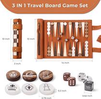 3-in-1 Kelioninis šachmatų, backgammon ir dama rinkinys, susukamas odinis, 32 perliniai žetonai, 5 kauliukai, nešiojamas 13x10 colių United States