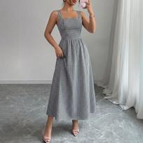 Womens Gingham Print Square Neck Sleeveless High Waist A Line Maxi Dress S juoda