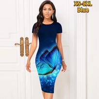 Slim Short Sleeve Knee-length Dress Fashion Women Midi 3D Colorful Butterfly Print Dress XS mėlyna