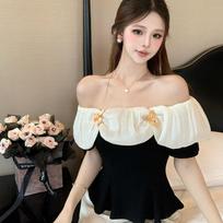 Pure Sexy Hot Girl One-shoulder Bow Short-sleeved Shirt Summer Internet Celebrity Slim Short Shirt French Temperament Top S juoda