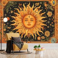 Bohemiškas saulės gobelenas su gėlių ir dangaus raštais Hippie sienos dekoracija miegamajam, svetainei, bendrabučiui, biurui Boho dekoras 73x95cm