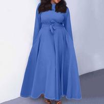 Women's Casual Fashion Large Size Round Neck Long Sleeve Pocket Straps Swing Dress Casual And Comfortable XXL mėlyna