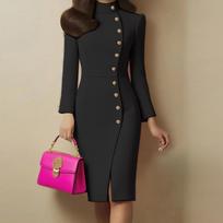 Women's Fashionable Elegance -Colour Long-Sleeved Stand-Up Collar Fitted Metal-Button Split Dress M juoda