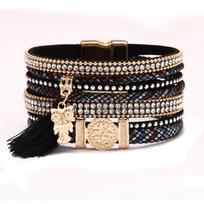 Diamond-encrusted bracelet, bohemia tassel colorful magnetic bracelet, owl metal pu leather bracelet juoda