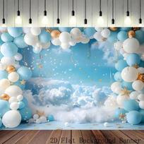 2D White Cloud Sky Backdrop, Blue White Gold Balloon Baby Banner 47.2x31.5inch/120*80cm
