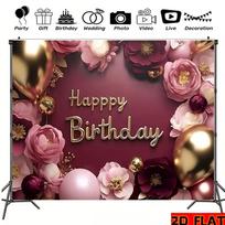 2D Burgundy Pink Gold Happy Birthday Backdrop Banner with Flowers & Balloons 47.2x31.5inch/120*80cm
