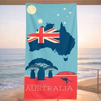 Ryškus Australijos žemėlapio ir lankytinų vietų spaudinio paplūdimio rankšluostis, minkštas greitai džiūstantis didelio dydžio vonios rankšluostis, Australijos kultūros vasaros aksesuaras W30*H60(CM) blue
