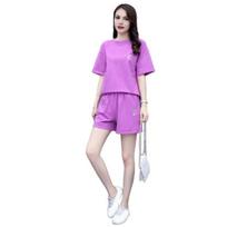 2 Piece Outfits for Women Summer Crewneck Short Sleeve Top Short Sweatpant M violetinė