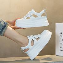 7cm Heel  Natural Cow Genuine Leather Loafer Hollow Women Sandals Vulcanize Platform Flats Comfy Chunky Sneaker Summer Shoes 34 balta