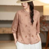 Women's Peach Linen Blouse Mandarin Collar with Floral Embroidery 3/4 Sleeves L ruda
