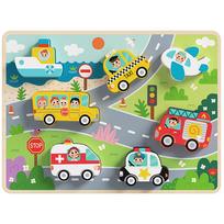 Tooky Toy medinė Montessori dėlionė „Transporto priemonės“ – automobiliai, lėktuvas, laivas (miesto tematikos, formų derinimas)