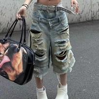 Women Washed Ripped Old Denim Cropped Pants Baggy Jeans Street Straight Loose Jeans Wide-leg Pants XXS
