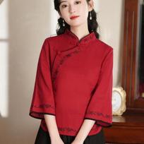 Women's Spring Chinese Style Embroidered Mandarin Collar Blouse Top M raudona