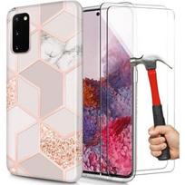 Dėklas + 2 Grūdinti Stiklai, skirti Samsung Galaxy S20 FE, Plonas, Minkštas, Rožinio Marmuro Rašto, Atsparus Smūgiams rožinė