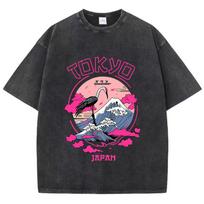 Vintažiniai moteriški rūgštinio plovimo marškinėliai Tokyo Harajuku spaudiniai apvalia kaklo iškirpte medvilniniai didelio dydžio trumparankoviai moteriški drabužiai S