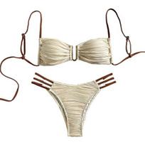 2 vnt./kompl. Moteriškas bikini komplektas su petnešėlėmis, bandeau, su paminkštinta liemenėle, raukšlėtos tekstūros kelnaitės, margas spalvų derinys, atskiras maudymosi kostiumėlis XS chaki