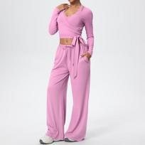 3-Piece Set: Wide-Leg Pants, Sports Camisole, and Strappy Back Bra with Long Sleeve Fitness Top L