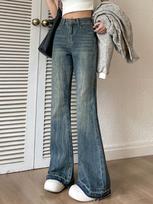 Korean Fashion Slim Casual Vintage Blue Women‘s Jeans Winter American Style Chic Office Ladies Pockets Basic Female Flare Pants M mėlyna