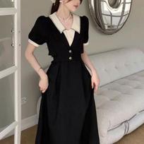 Fake Two Pieces Spliced Dresses Female clothing Lapel Fashionable Summer Vintage Button Korean Short Sleeve A-Line Midi Dresses L juoda