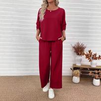 European & American Fashion 2025 Casual Set: Crew Neck Top + Vertical Wide-Leg Pants Small raudona